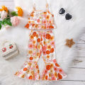 Toddler Kid Girl Clothes Set Letter/Butterfly Floral Printed Sling Buttons Ruffle Hem Tank Tops with Elastic Waist Flared Pants. 