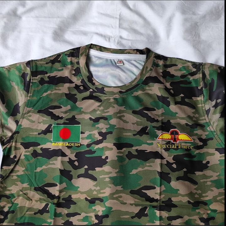 Bangladesh Ar-my Special Fo-rce Camouflage T-Shirt for Men – Military Camo Combat Tee with Flag Print – Lightweight Quick-Dry Army Style T-Shirt – Outdoor Sportswear for Adventure, Training & Casual Use