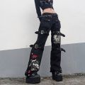 Gothic Cargo Pants Women Streetwear Punk Style Print Low Waist Jeans Black Denim Trousers Buckle Pockets Aesthetic Pantalones. 