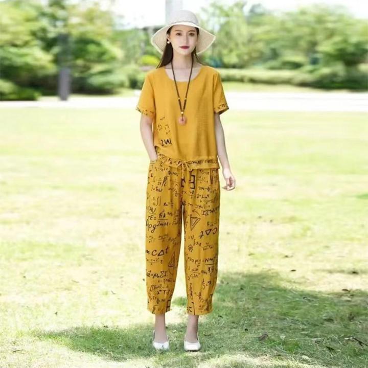 Mom Suit Female SummerTT-shirt Fashionable Stylish Middle-Aged Summer Linen40to50Year-Old Two-Piece Set