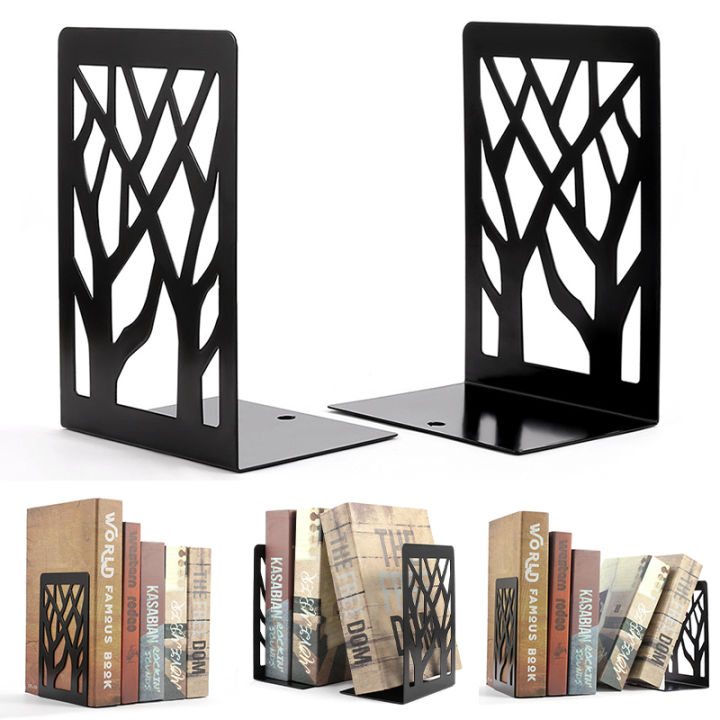 1 Pair Book Ends Hollow Out Bookend Support Stable Black Stand Iron Metal Bookends Home Office Desk Storage Books Organizer Tool