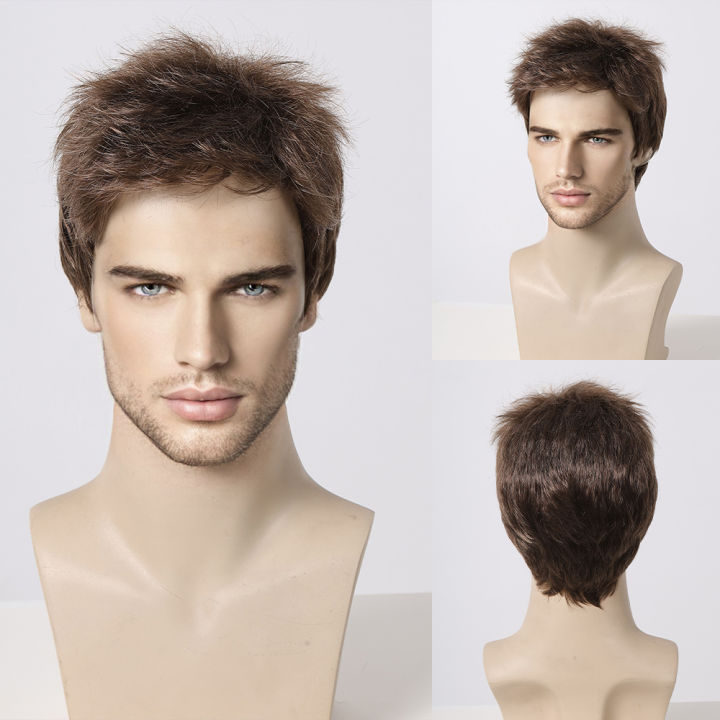Dark Brown Men's Wig Short Bob Pixie Cut Natural Fluffy Hair Brown Layered Wigs Low Temperature Fiber for Male Daily Date Party