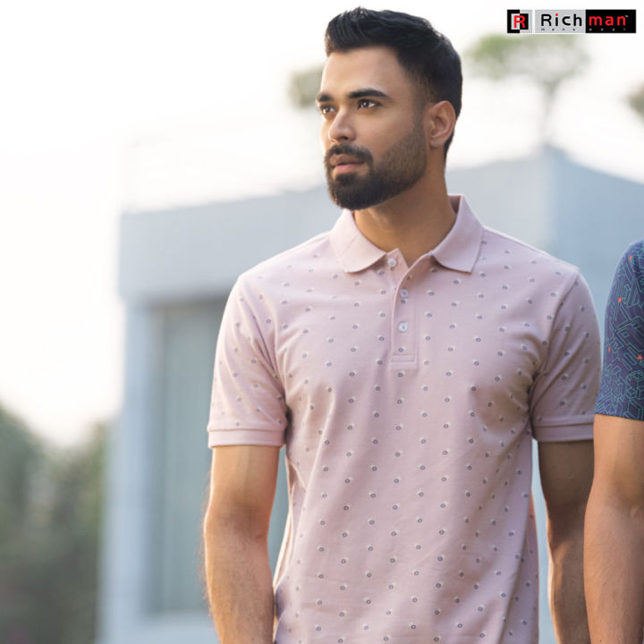 Richman Pink Color  Printed Cotton Regular Fit Polo For Men Eid Collection