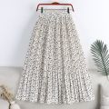 Spring Summer Skirt Women 2022 New Vintage Floral Print Chiffon Pleated Skirt Elastic High Waist Casual Midi Skirt Women Clothes. 