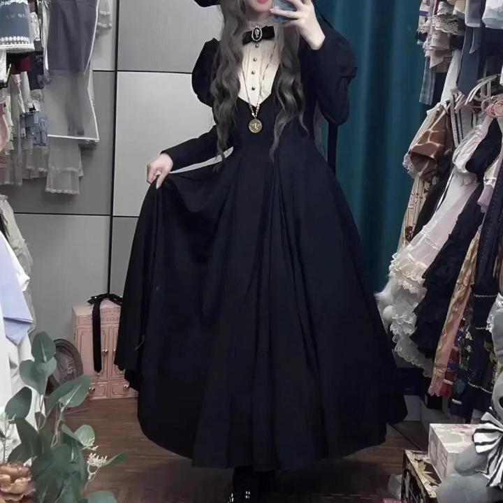2024%20New%20Gothic%20Punk%20Dark%20Style%20Lolita%20Women's%20Dress%20Harajuku%20Vintage%20Black%20Long%20Bubble%20Sleeve%20Waist%20Cinched%20Dress%20Autumn%20Winter%20-%20Image%207