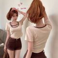Hot Girls Unique Chic Sweet and Spicy Style Short Top Design Sense Niche Clavicle Square Collar Short Sleeve T Women's Summer T-shirt ins.