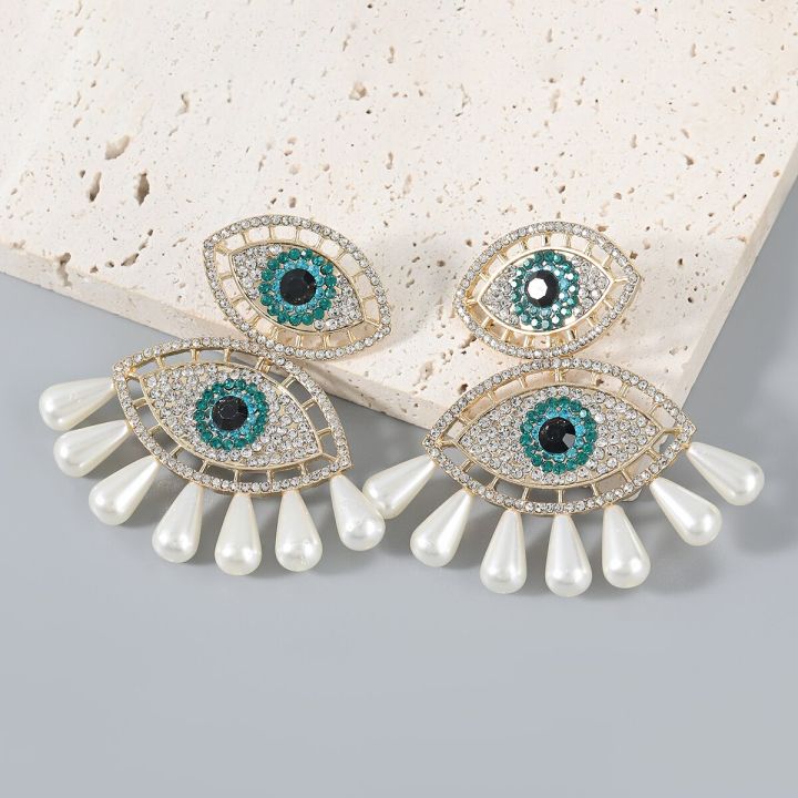 Exaggerated Metal Rhinestone Imitation Pearl Evil Eye Earrings Castle Banquet Dangle Earrings Women's Statement Accessories