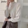 Jielur Lantern Sleeve Sweater Women Turtleneck Office Lady Pure Color Knitted Pullover Loose White Khaki Sweaters for Women. 