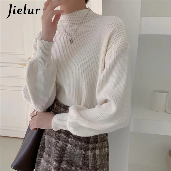 Jielur%20Lantern%20Sleeve%20Sweater%20Women%20Turtleneck%20Office%20Lady%20Pure%20Color%20Knitted%20Pullover%20Loose%20White%20Khaki%20Sweaters%20for%20Women%20-%20Image%204