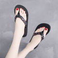 Summer Floral Printing Slippers Women Bohemian Satin Strap Platform Wedge Flip Flops Outdoor Thick Bottom Comfort Beach Shoes.