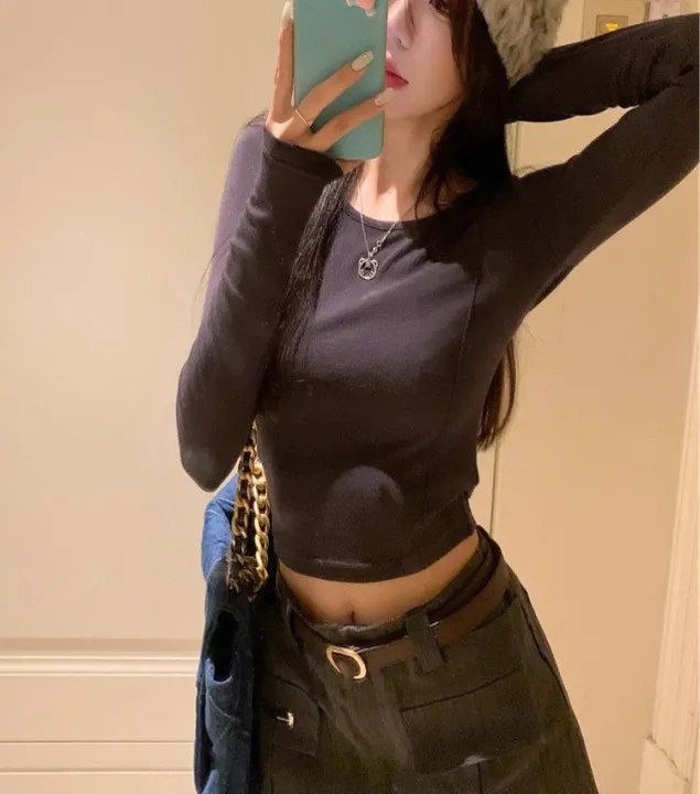 Sweet%20and%20Spicy%20Short%20Inner%20T%20Women's%20T-shirt%202023%20Autumn%20New%20Korean%20Slim%20Bottoming%20Shirt%20Long%20Sleeve%20Slim-Fit%20Student%20Top%20-%20Image%204