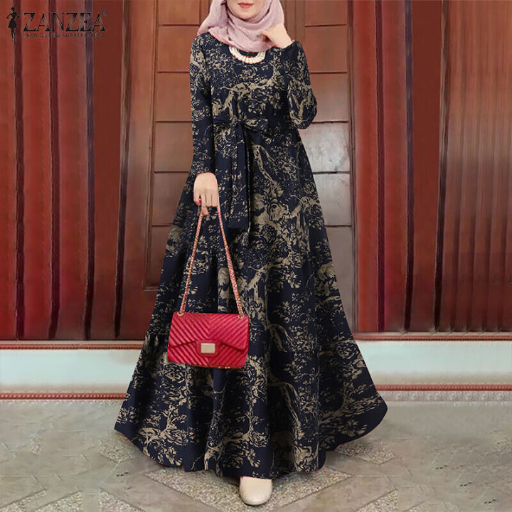 ZANZEA%20Muslimah%20Womens%20Muslim%20Retro%20Printed%20Long%20Sleeve%20Belted%20A-Line%20Flare%20Baggy%20Maxi%20Dresses%20-%20Image%202