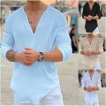 2024 new men's linen long sleeve T-shirt Breathable shirt solid color casual basic cotton linen shirt top. 
