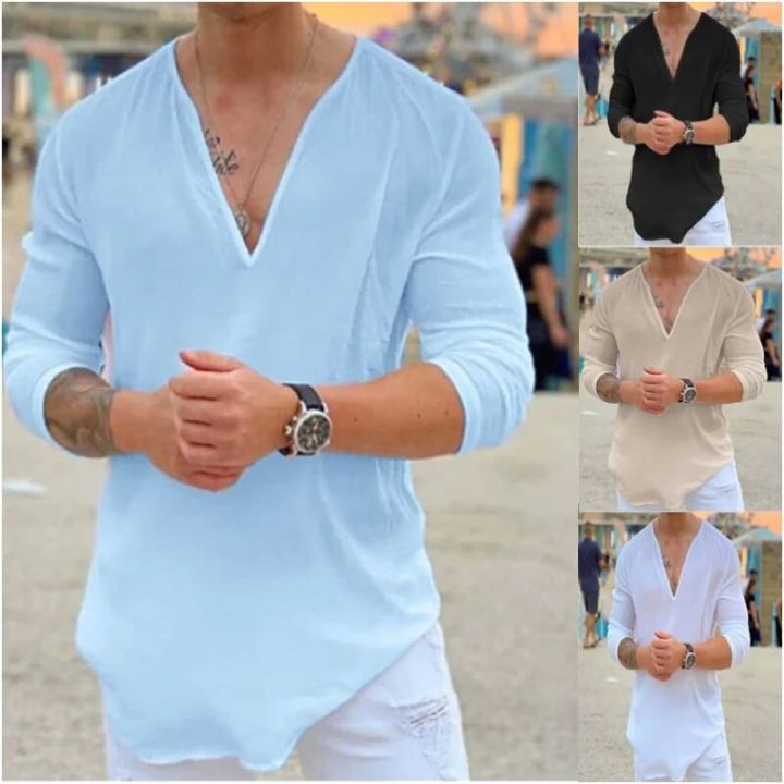 2024%20new%20men's%20linen%20long%20sleeve%20T-shirt%20Breathable%20shirt%20solid%20color%20casual%20basic%20cotton%20linen%20shirt%20top%20-%20Image%203