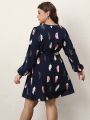 Finjani Plus Size Dress Deep V-Neck Feather Print Party Dress Trendy Butterfly End Waist Belt Women's Dresses.