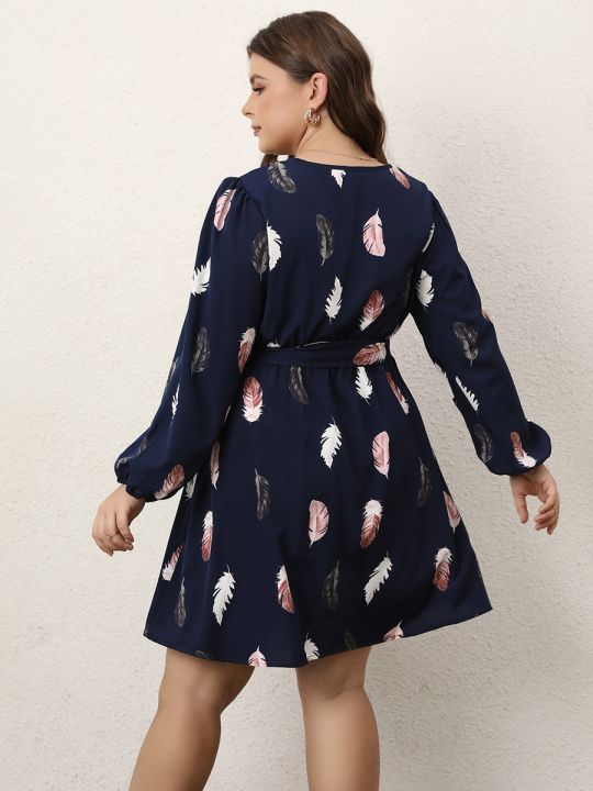 Finjani%20Plus%20Size%20Dress%20Deep%20V-Neck%20Feather%20Print%20Party%20Dress%20Trendy%20Butterfly%20End%20Waist%20Belt%20Women's%20Dresses%20-%20Image%203