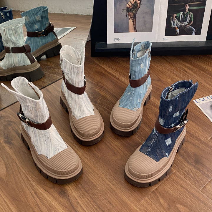 JIABUJIA/Jia Is Not Fake-2023Early Autumn New Fashion All-Match round Head Solid Color Denim Style Short Tube Motorcycle Boots