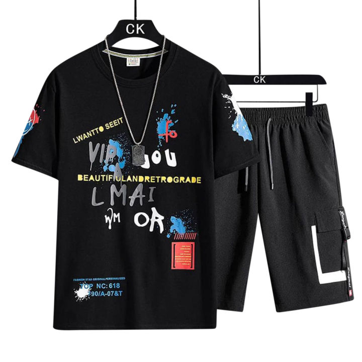 Black Printed Exclusive Summer Combo T-Shirt & Pant - Genji - T Shirt For Man - T Shirt - T Shirt For Man - T Shirt