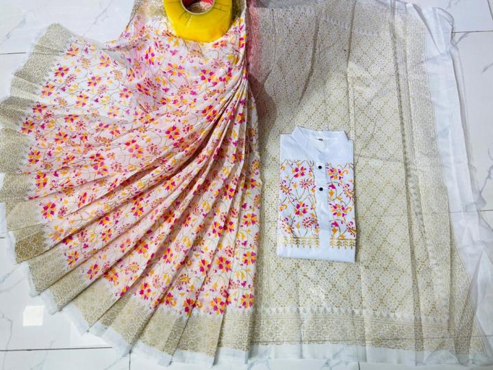New Designer Screen Print Half Silk Saree And Dhupiyan Cotton Panjabi For Combo Couple set