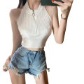 Spring flowers Women Half Zip Tank Tops, Sleeveless Solid Color Rib Knit Slim Fit Halter Crop Tops. 