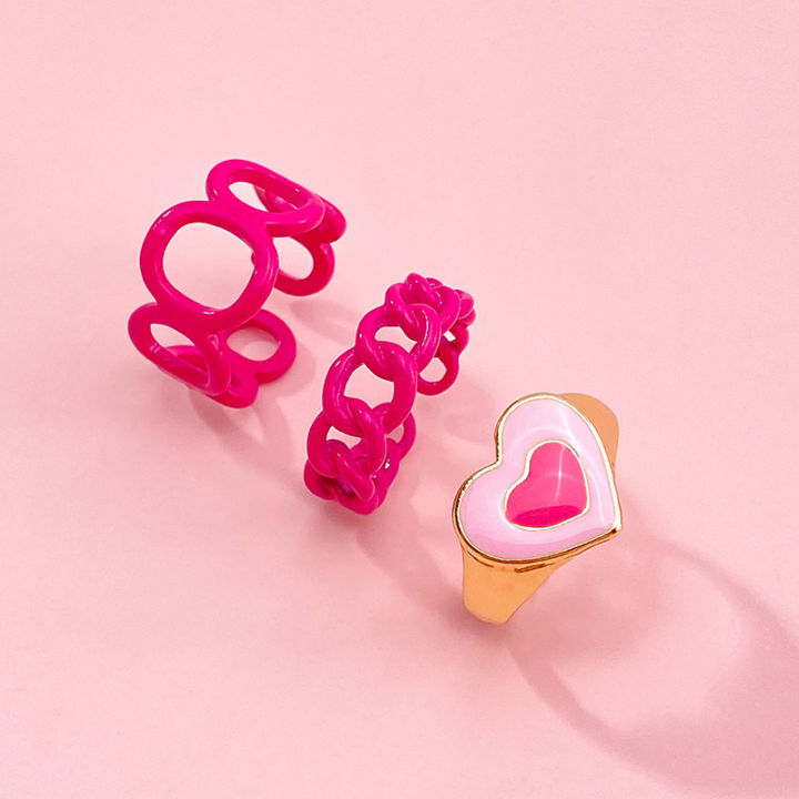 3Pcs/set Pink Heart Geometry Rings Set Adjustable Oil Dripping Ins
