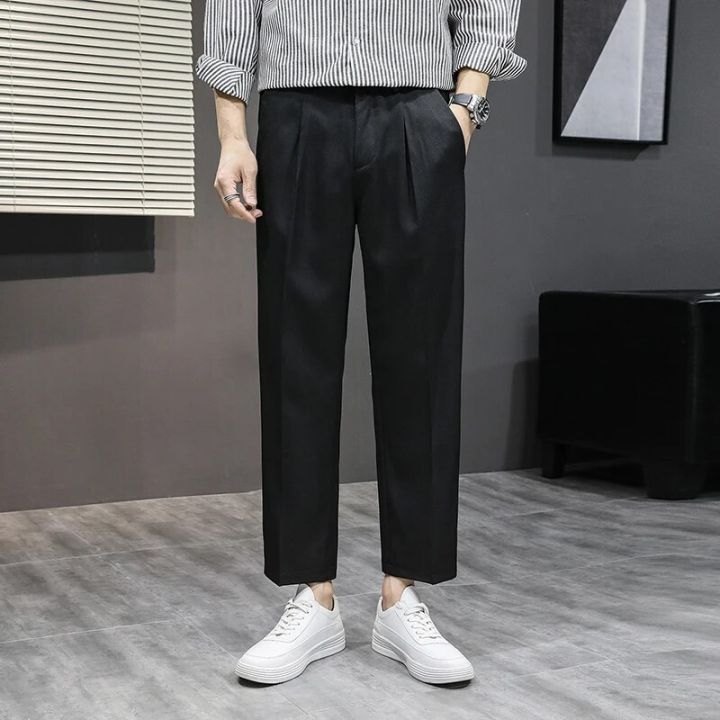BROWON Mens Dress Pants Summer Thin Solid Color Smart Casual Suit Pants Straight Loose Elastic Back Waist Ankle-Length Trousers