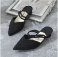 New Lady Style Niche Design Sense Lace-up Thick Heel Pointed Head Rose Wrapped Head Half Slippers.