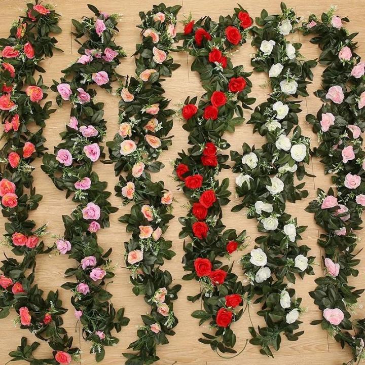 Vine Hanging Silk Artificial Rose Flowers for Wall Christmas Rattan Plants Leaves Garland Romantic Wedding Home Decoration