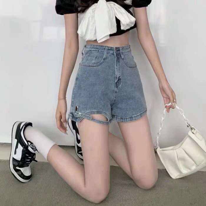 Big size chubby little sister high waisted denim shorts for women's summer new design sense niche slimming A line wide leg hot pants
