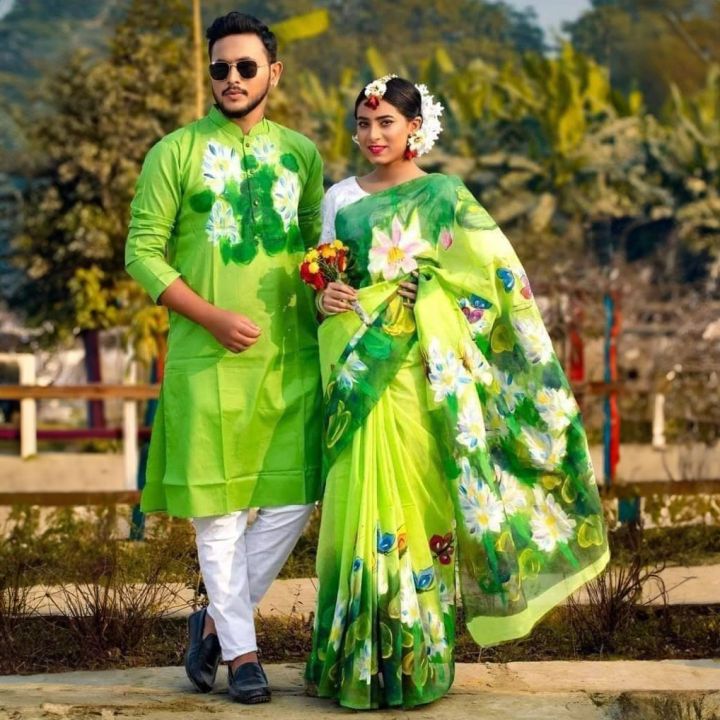 Hand Printed Gorgeous Couple Set Half Silk Saree And Dhupiyan Cotton Panjabi - Comfortable and Suitable for All Occasions