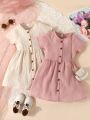 Kid’s Young Girl Comfortable Casual Solid Color Round Neck Short Sleeve Pleated Shirt Dress, Suitable for Children’s Elegant Dress.