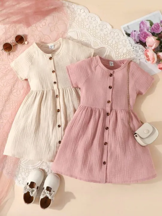 Kid%E2%80%99s%20Young%20Girl%20Comfortable%20Casual%20Solid%20Color%20Round%20Neck%20Short%20Sleeve%20Pleated%20Shirt%20Dress,%20Suitable%20for%20Children%E2%80%99s%20Elegant%20Dress%20-%20Image%204