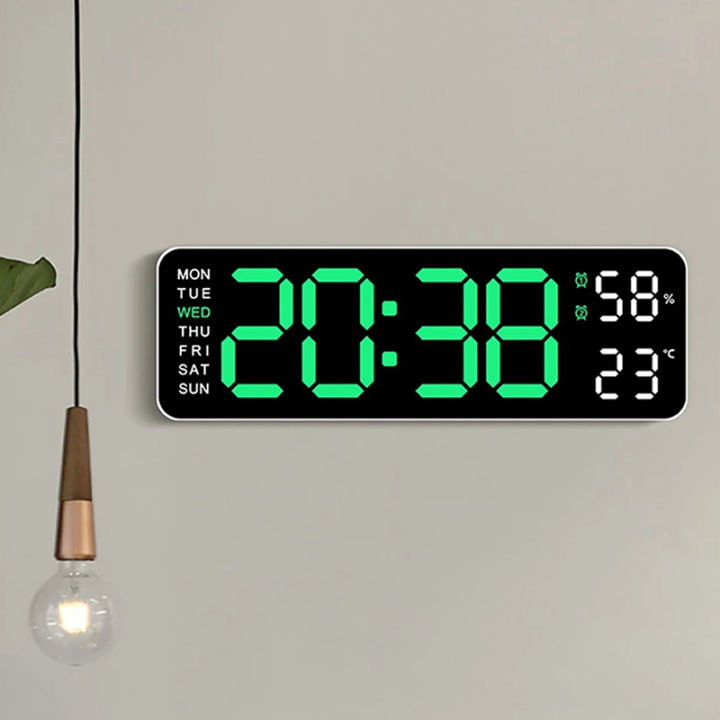 【Daily Deals】 Large Digital Wall Clock Temperature And Humidity Week Display Brightness Adjustable Electronic LED Table Alarm Clock