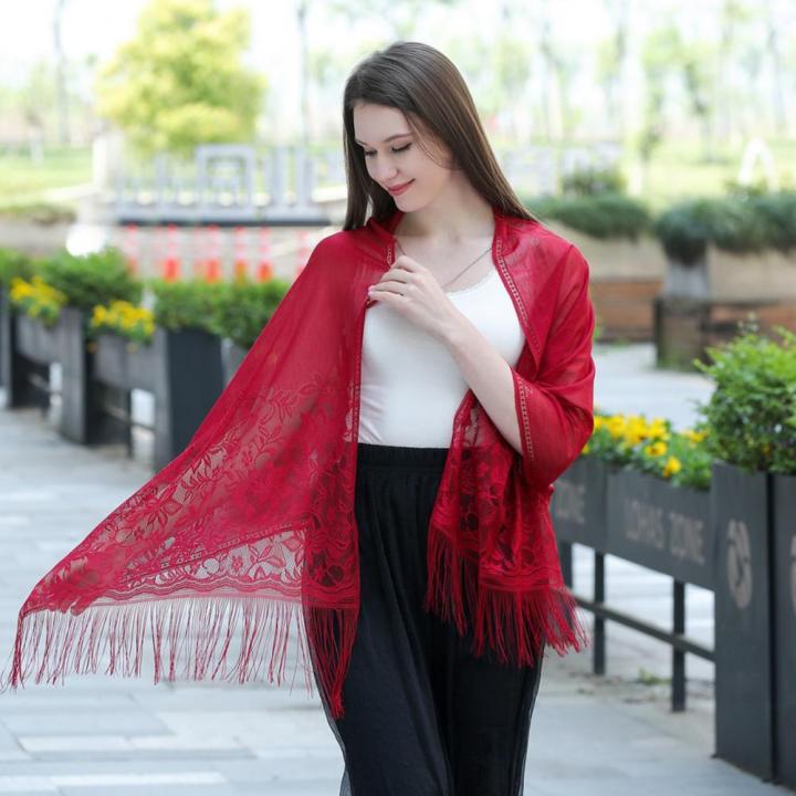 Women%20Lace%20Shawl%20Scarf%20Elegant%20Evening%20Dresses%20Shawls%20Hollow%20Tassel%20Scarves%20Wraps%20Scarf%20Femmal%20Mesh%20Yarn%20Wedding%20Shawl%20-%20Image%202