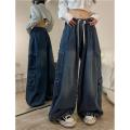 Grunge Hot Girl Vintage Big Pocket Oversized Baggy Cargo Jeans Femme Elastic Waist Straight Wide Leg Pants Denim Trousers women.