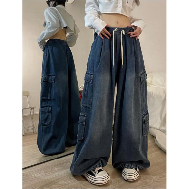 Grunge Hot Girl Vintage Big Pocket Oversized Baggy Cargo Jeans Femme Elastic Waist Straight Wide Leg Pants Denim Trousers women