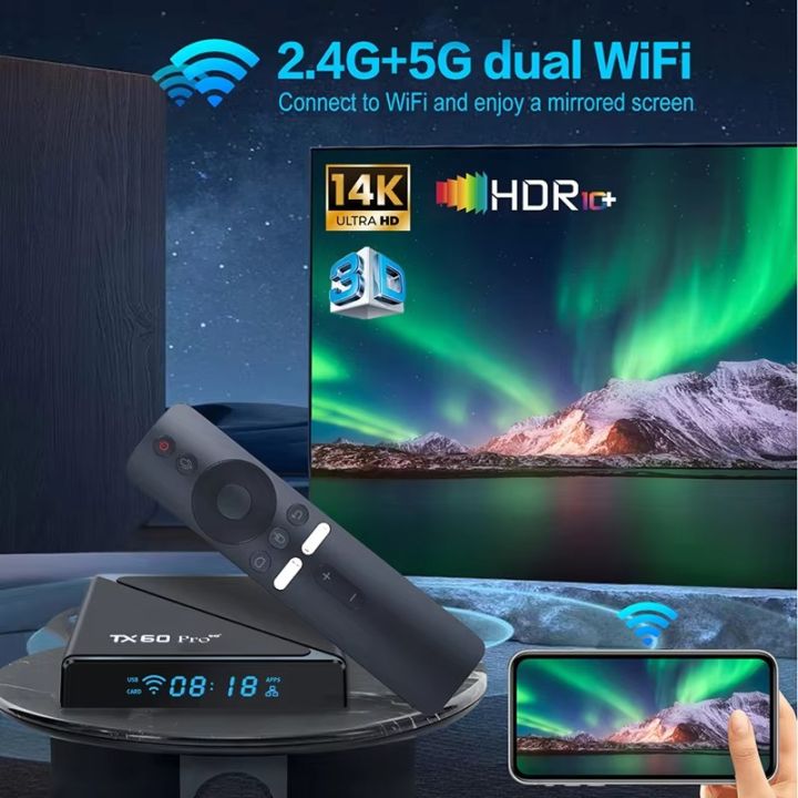 TX60 Pro 14K Ultra HD Smart Android TV Box with Voice Control Remote RAM: 16 GB ROM: 256 GB Wi-Fi, Bluetooth, Dolby Digital, Miracast