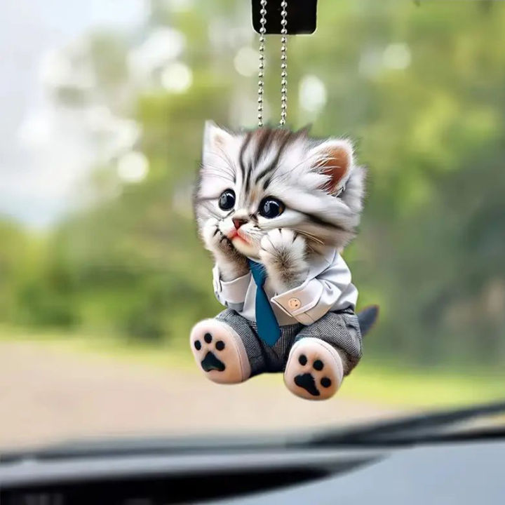 Car Pendant Hanging Ornament With Chain Realistic Animal Cat-Shaped 2D Pendant Rearview Mirror Hanging Decor Car Accessories Leima