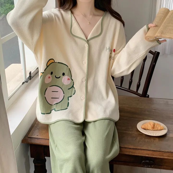 Pajamas%20Women's%20Cardigan%20V-Neck%20New%20Spring%20and%20Autumn%20Waffle%20Long%20Sleeve%20Ins%20Style%20Cute%20Ladies%20Kimono%20Loungewear%20Set%20-%20Image%203