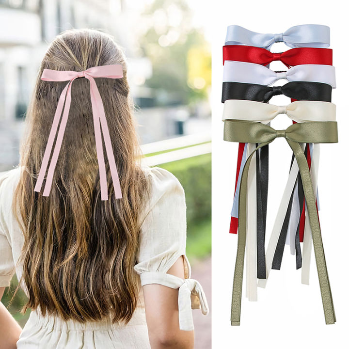 【Bestseller Alert】 Solid Color Hair Clips For Girls Double Layer Ribbon Ponytail Clip Braided Long Ribbon Hair Barrettes Hair Accessories Gift Nicle