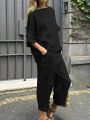 Women comfortable New Solid Color O Neck Suit for Women Simple Casual Loose Fashion Pocket Pants Female 2piece Set. 