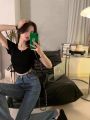 Loose Slim-Fit Short Sleeve T Women's Summer T-shirt 2024 New Korean Style Sense of Design Niche Drawstring Slim Top ins Tide.