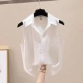 Solid Color Sleeveless Chiffon Crepe Shirt Summer Women Blouses Fashion White Yellow Button Up Shirts Office Ladies Basic Top.