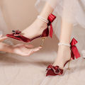 French Xiuhe Wedding Dress Two-Way Wedding Shoes Summer Women's Bridal Shoes Stiletto Toe Box Sandals Women's Pearl Red High Heels.