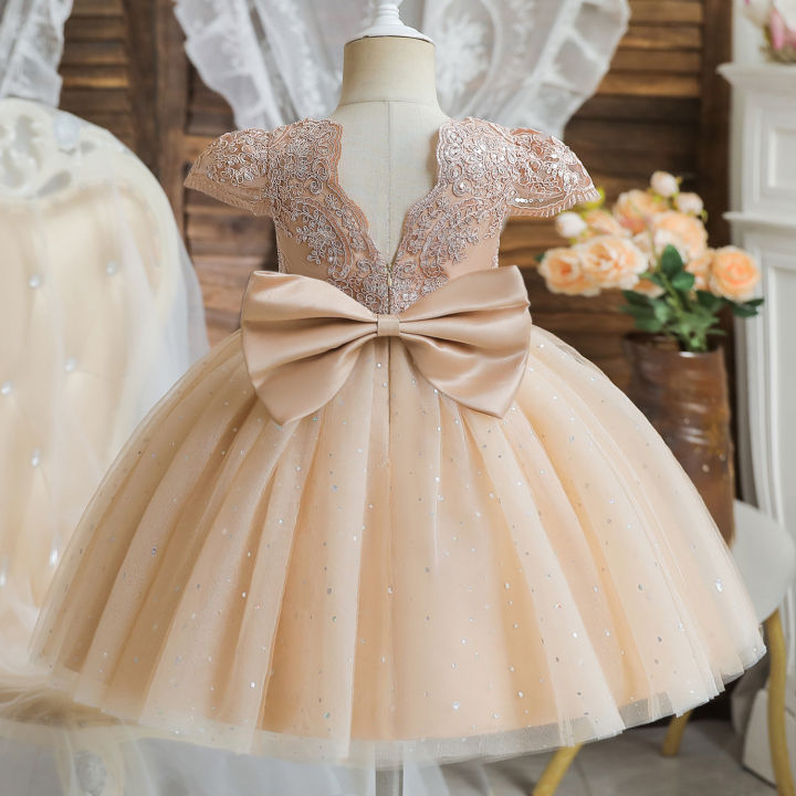 2023 Summer Sequin Big Bow Baby Girl Dress 1st Birthday Party Wedding Dress  For Girl Palace Princess Evening Dresses Kid Clothes