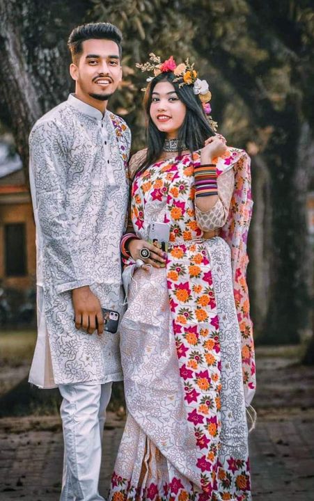 New Designer Block Printed Half Silk Share And Dhupiyan Cotton Panjabi For Combo Couple set