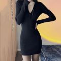【Stepmother Dress】Spring and Autumn Black Dress Hepburn Style Women's Summer Elegant Knitted Zipper Stretch Slim-Fit Sheath Dress. 