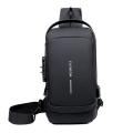 USB Charging Men Multifunction PU Chest Bag Sport Sling Bag Male Anti-theft Chest Bag with Password Lock with Adjustable Shoulder. 