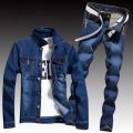 Spring Mens Denim Two Piece Set Hole Ripped Slim Fit Jacket Jeans Sets Male Casual Vintage Ropa Hombre Cargo Suit Streetwear.