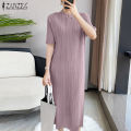 ZANZEA Womens Chinese Style Elegant Plain Short Sleeve Slims Fit Pleated Midi Shift Dresses #11. 